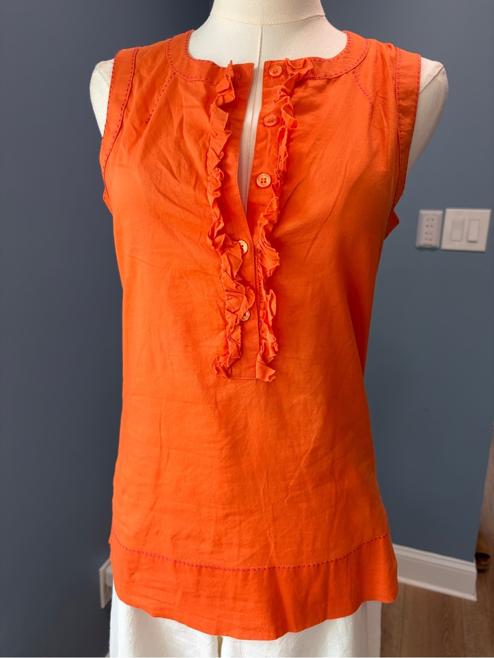Tory Burch Orange 100% Cotton Ruffle Sleeveless Blouse Top Size 4